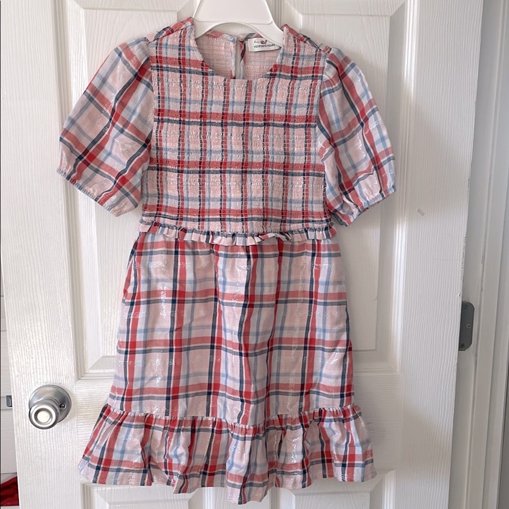 Vineyard Vines Girls Smocked puff sleeve Poplin Dress Ann plaid metallic, NWOT